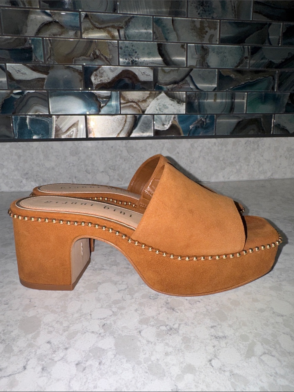 Gianni Bini Cognac Suede Platform Studded Mules - Picture 2 of 6